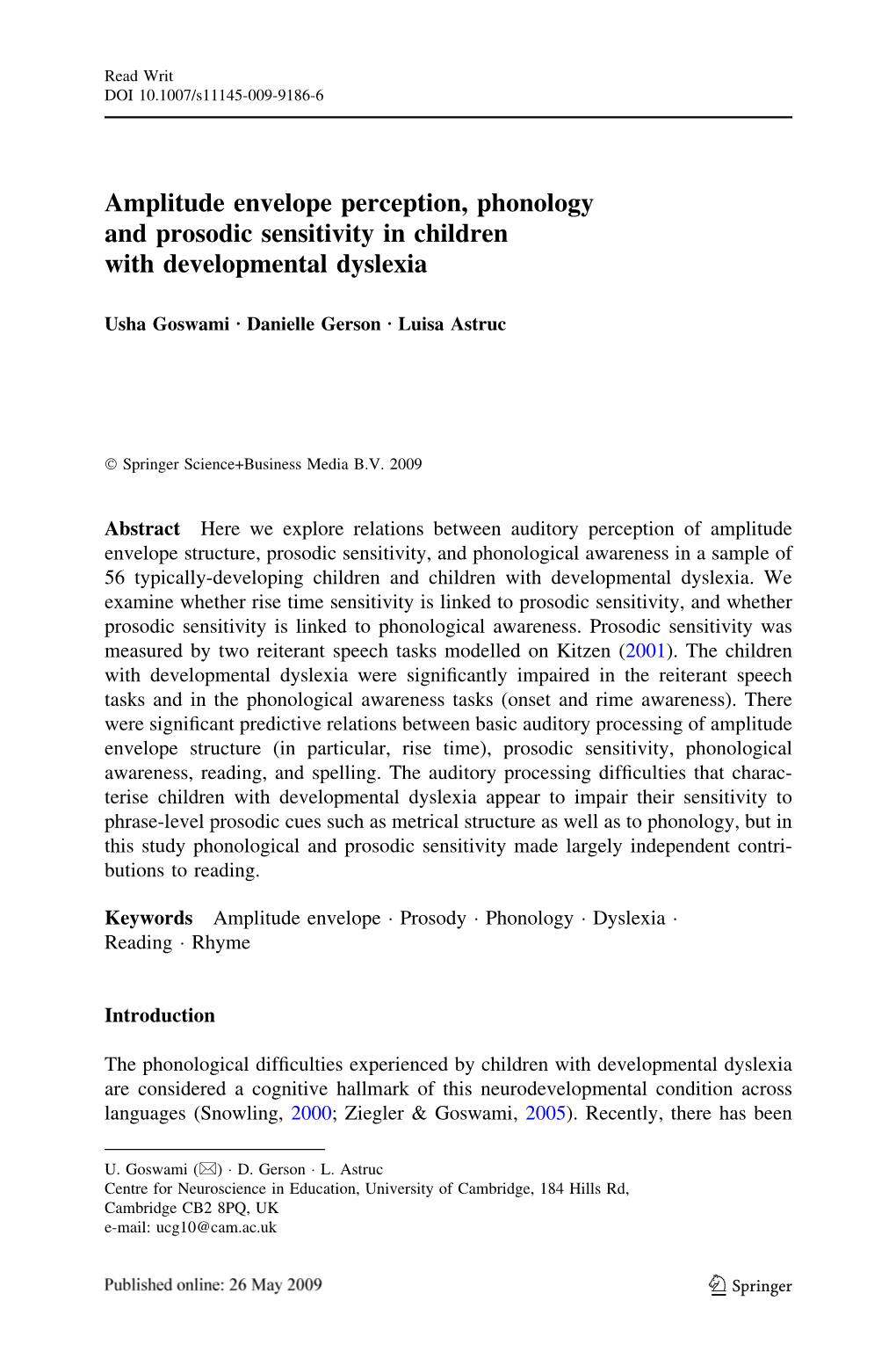 Amplitude Envelope Perception, Phonology and Prosodic Sensitivity in Children with Developmental Dyslexia