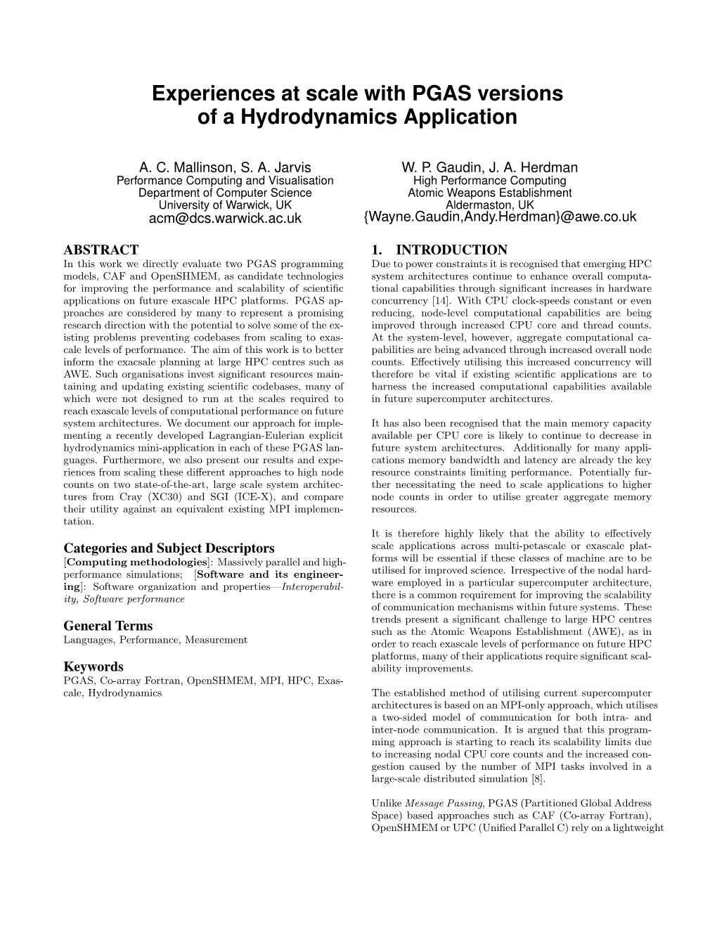 Experiences at Scale with PGAS Versions of a Hydrodynamics Application