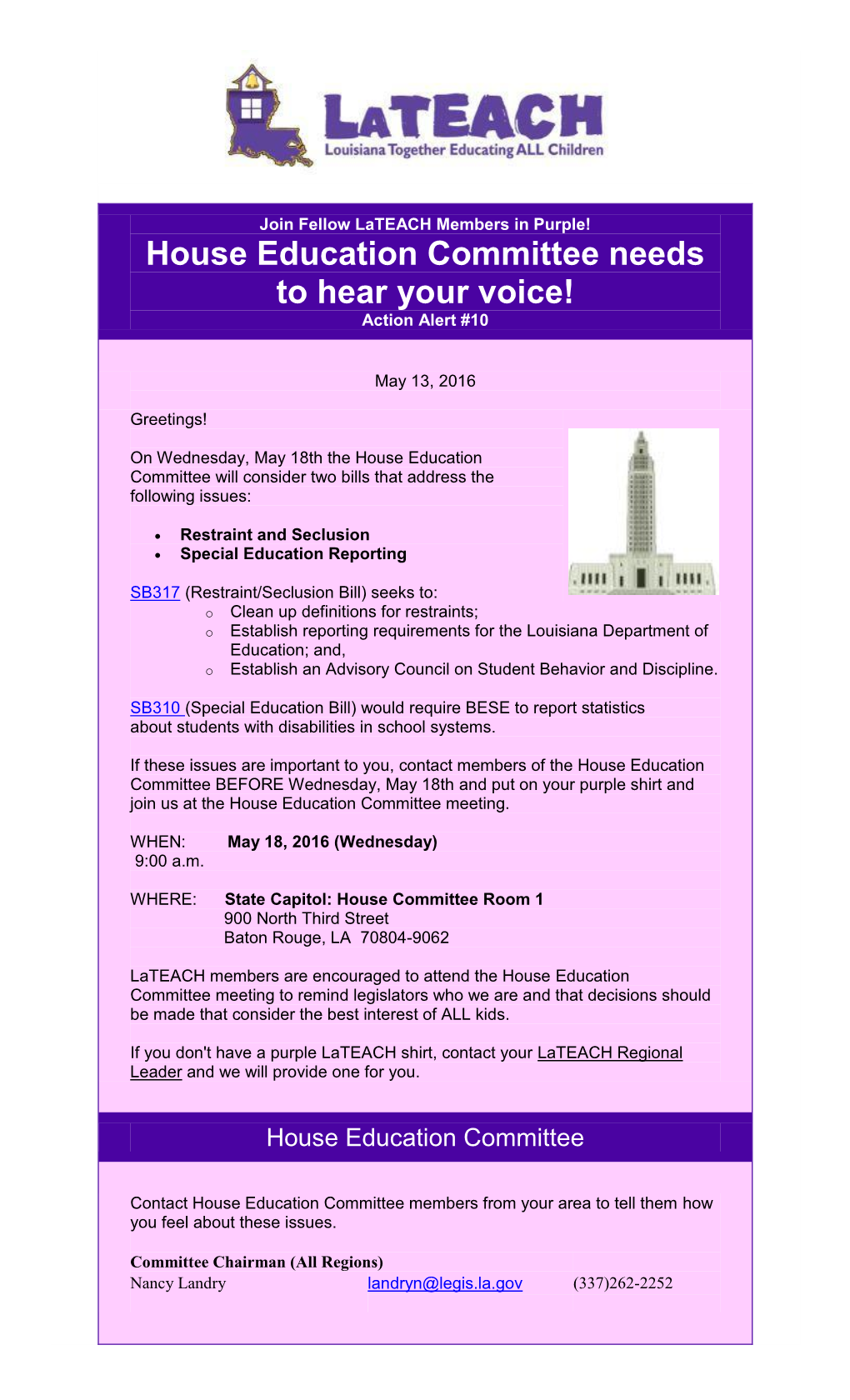 House Education Committee Needs to Hear Your Voice! Action Alert #10