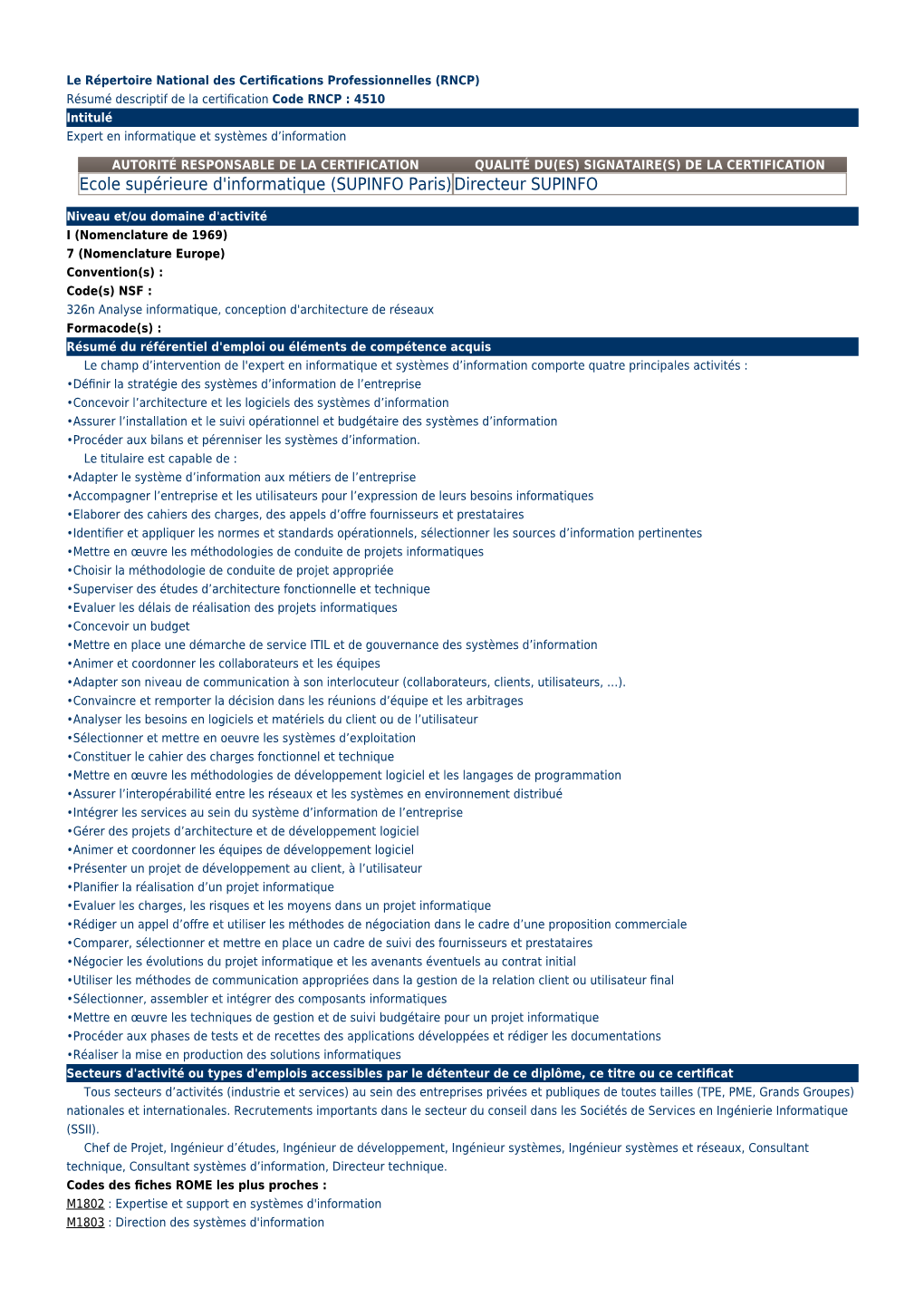Le Répertoire National Des Certifications Professionnelles (RNCP) (Résumé Descriptif De La Certification)