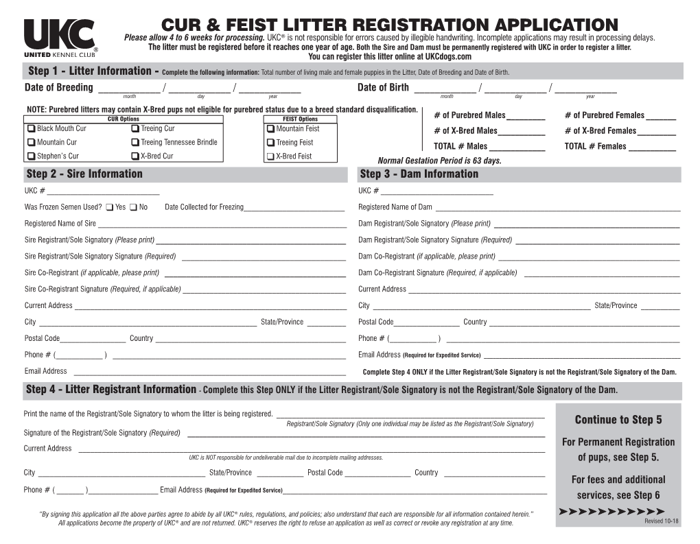 Cur & Feist Litter Registration Application