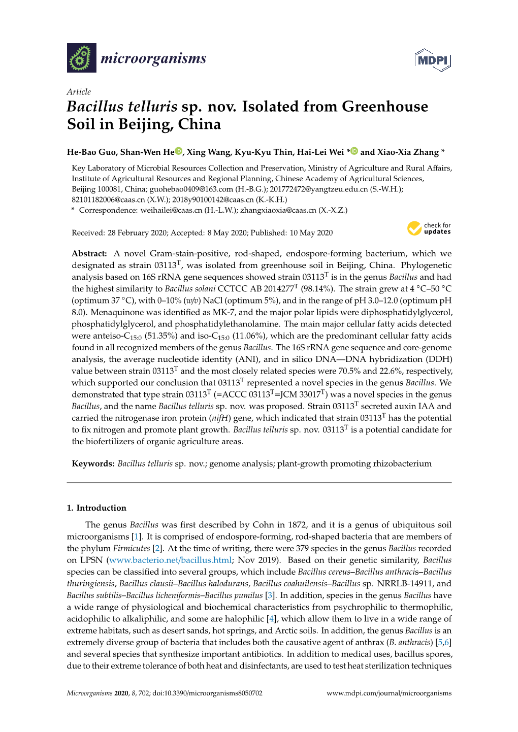 Bacillus Telluris Sp. Nov. Isolated from Greenhouse Soil in Beijing, China