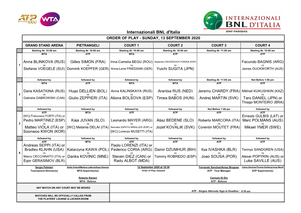 Internazionali BNL D'italia ORDER of PLAY - SUNDAY, 13 SEPTEMBER 2020