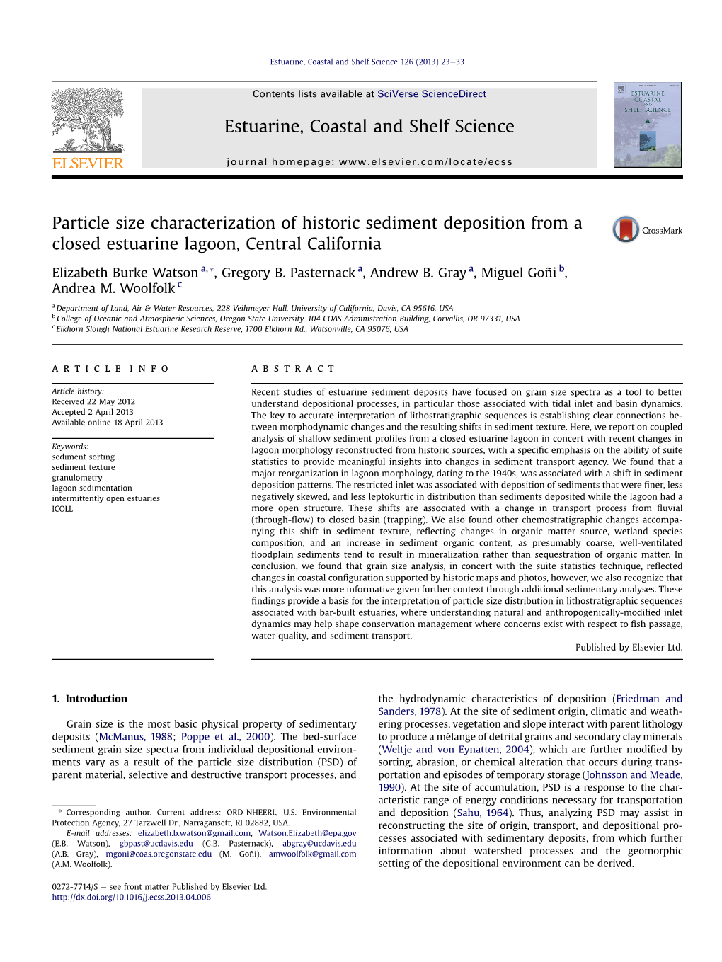 Particle Size Characterization of Historic Sediment Deposition from a Closed Estuarine Lagoon, Central California