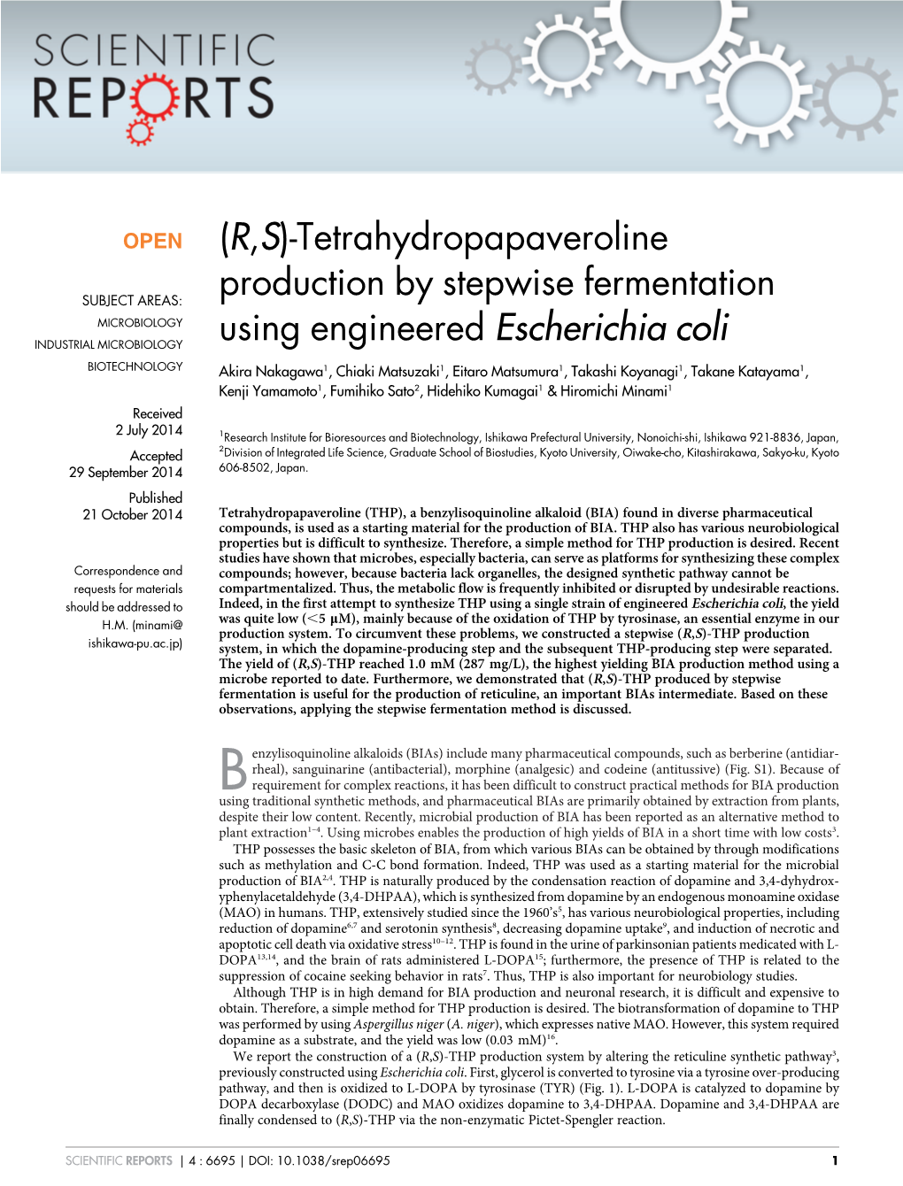 Tetrahydropapaveroline Production by Stepwise Fermentation Using