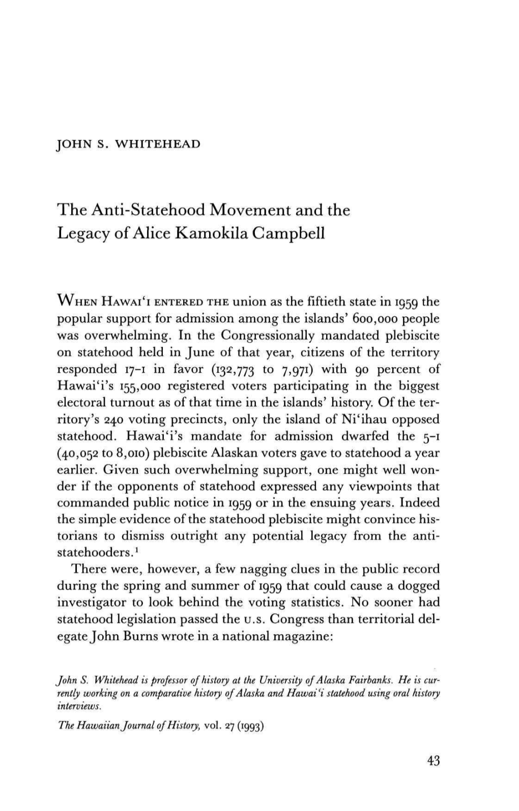 The Anti-Statehood Movement and the Legacy of Alice Kamokila Campbell