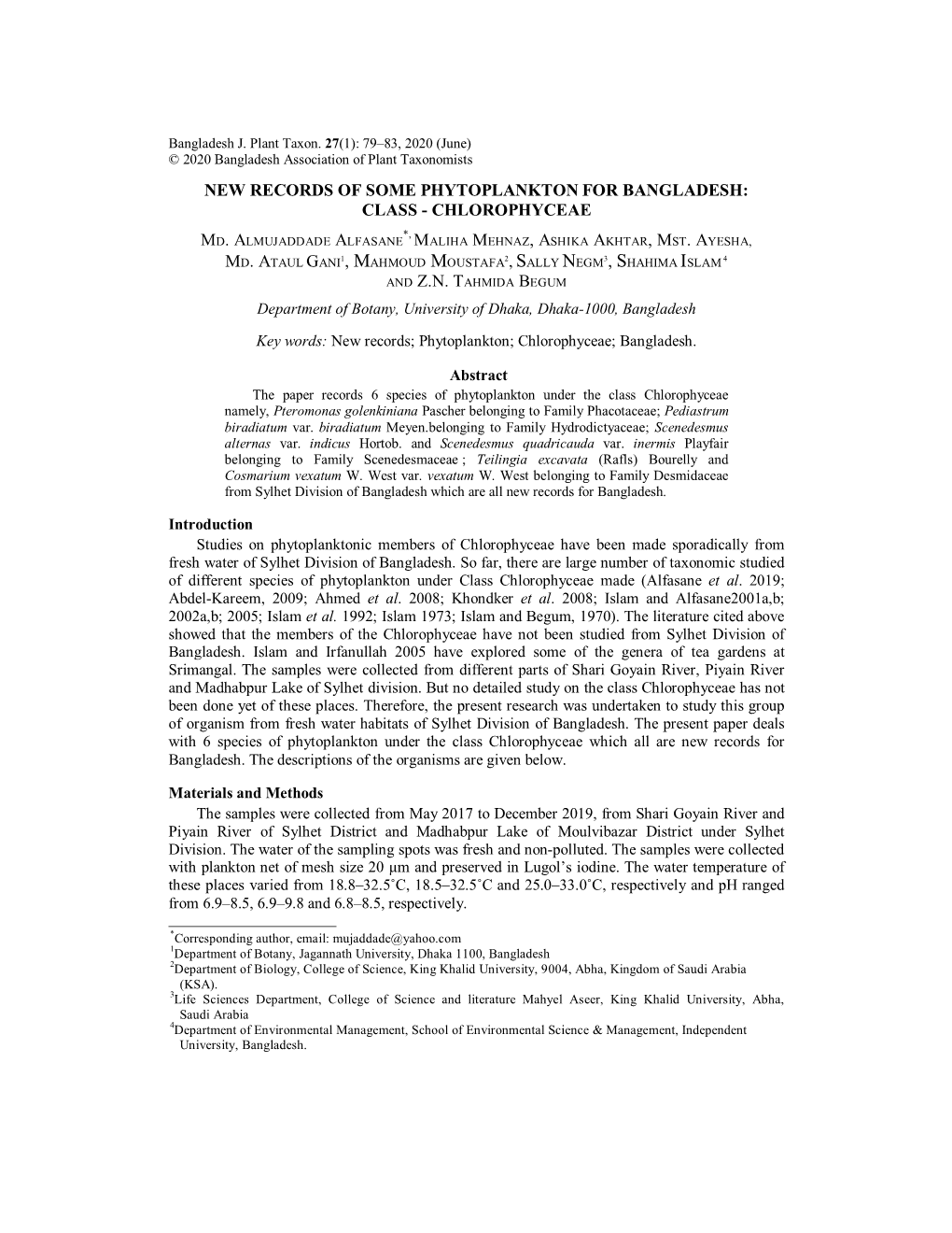 New Records of Some Phytoplankton for Bangladesh: Class - Chlorophyceae