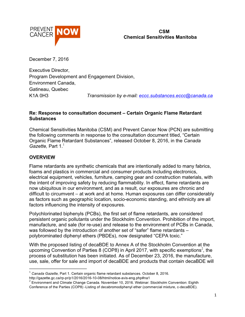 CSM Chemical Sensitivities Manitoba December 7, 2016 Executive