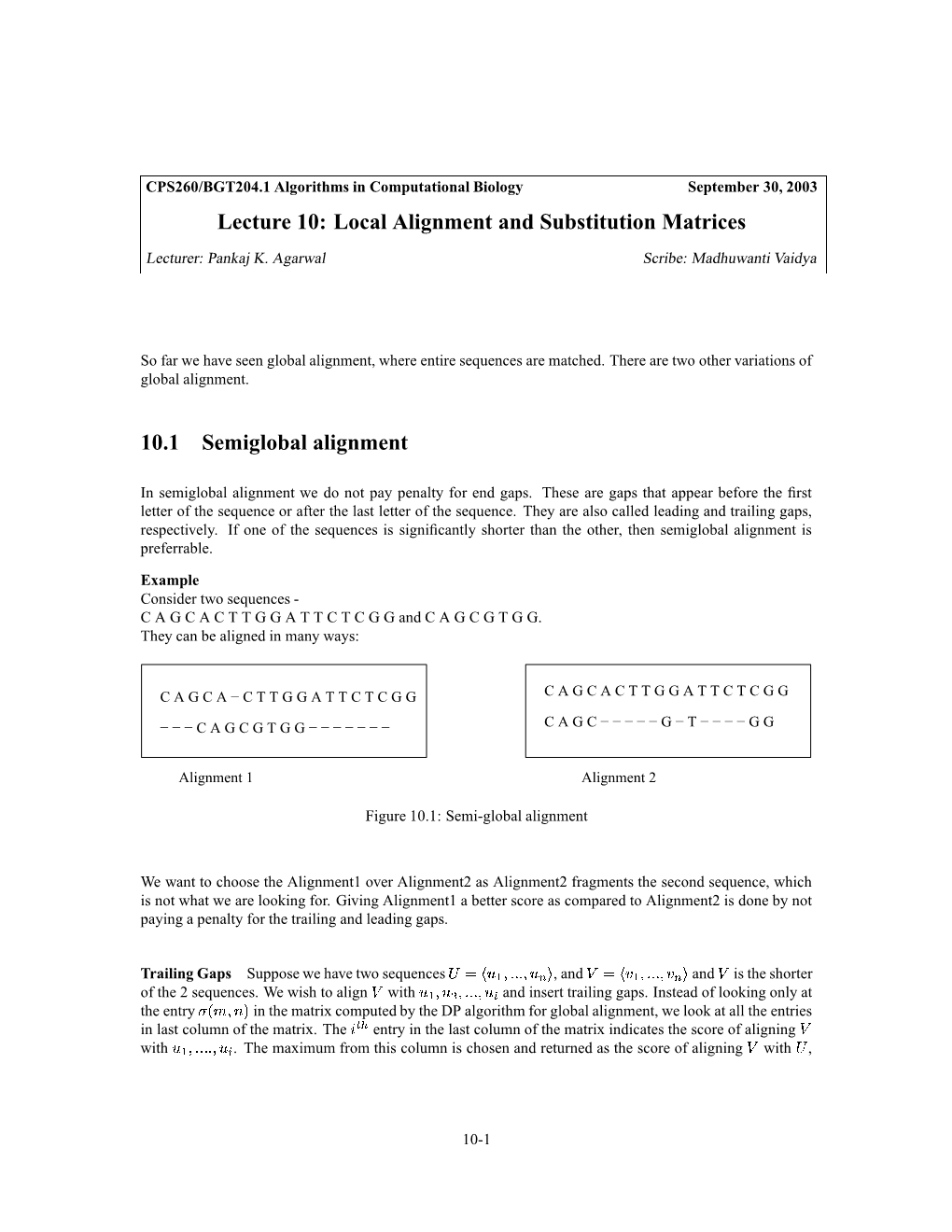 Lecture 10: Local Alignment and Substitution Matrices 10.1