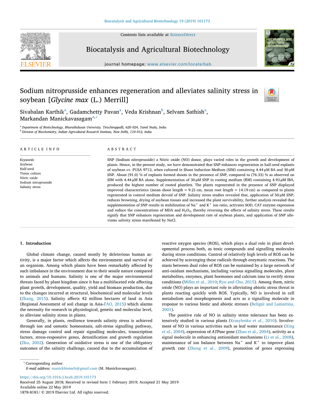 Sodium Nitroprusside Enhances Regeneration and Alleviates Salinity Stress in Soybean [Glycine Max (L.) Merrill] T