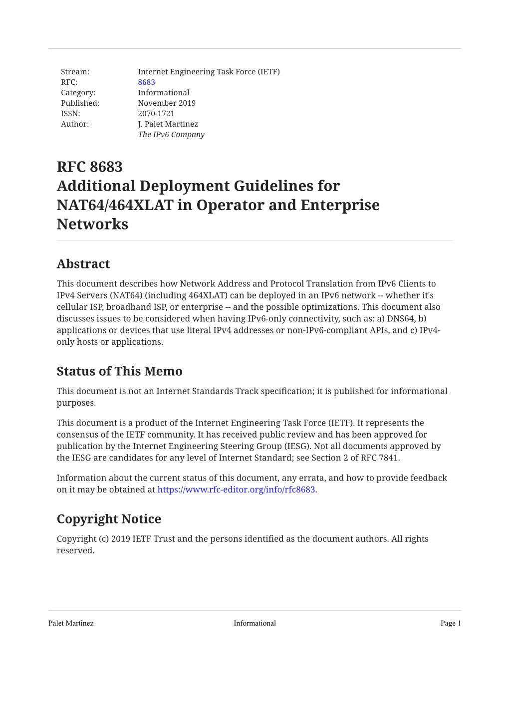 RFC 8683: Additional Deployment Guidelines for NAT64/464XLAT In