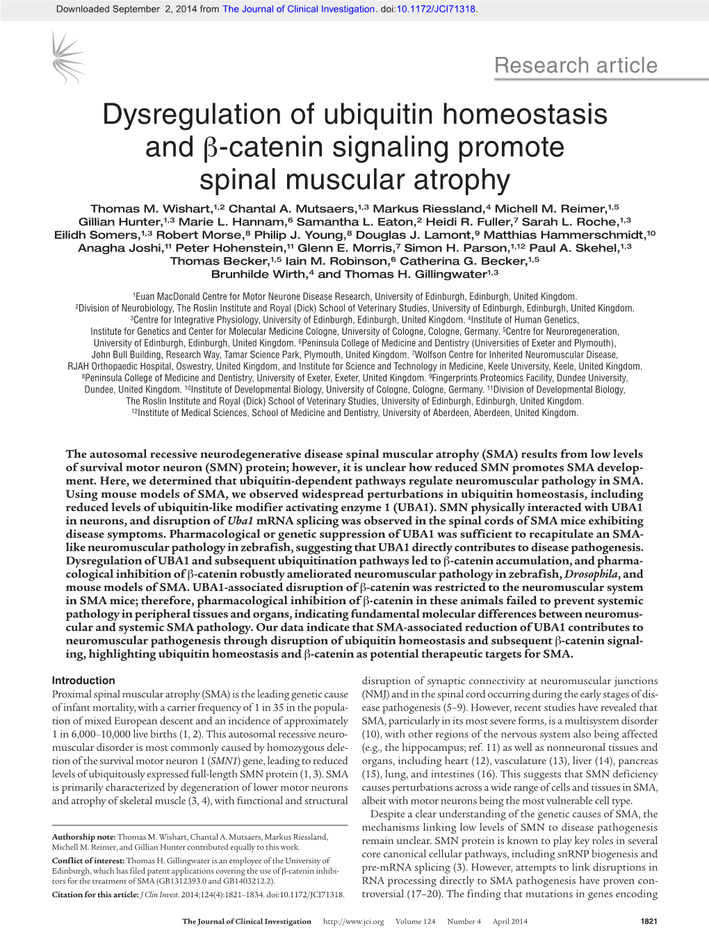 Dysregulation of Ubiquitin Homeostasis and Β-Catenin Signaling Promote Spinal Muscular Atrophy Thomas M