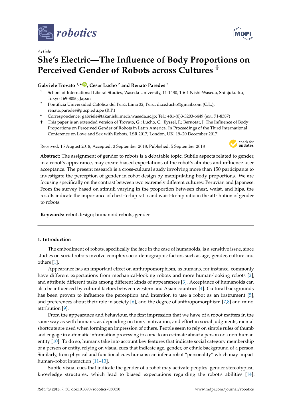 She's Electric—The Influence of Body Proportions on Perceived Gender of Robots Across Cultures