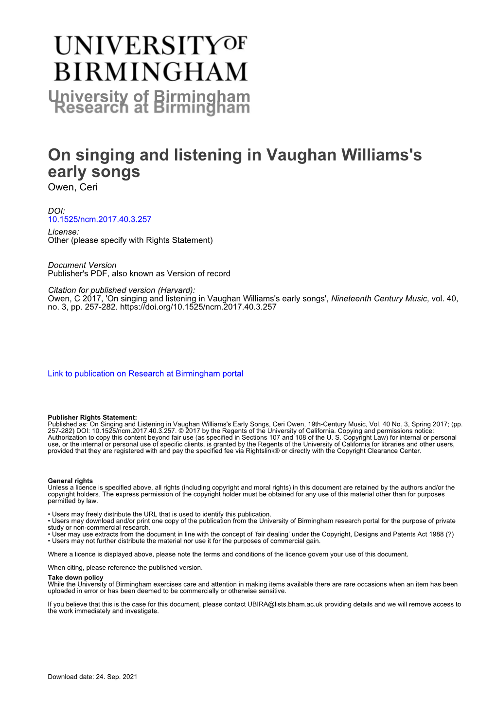 On Singing and Listening in Vaughan Williams's Early Songs Owen, Ceri