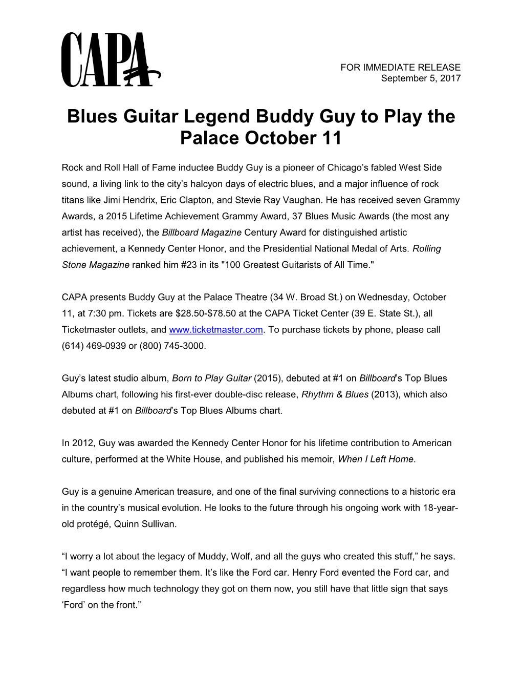 Blues Guitar Legend Buddy Guy to Play the Palace October 11