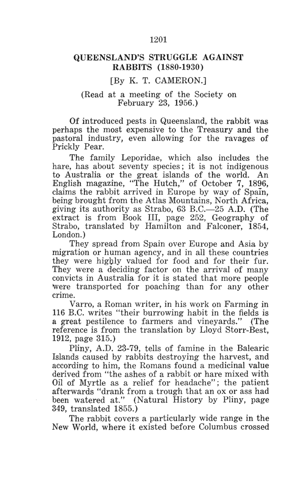 1201 QUEENSLAND's STRUGGLE AGAINST RABBITS (1880-1930) [By K