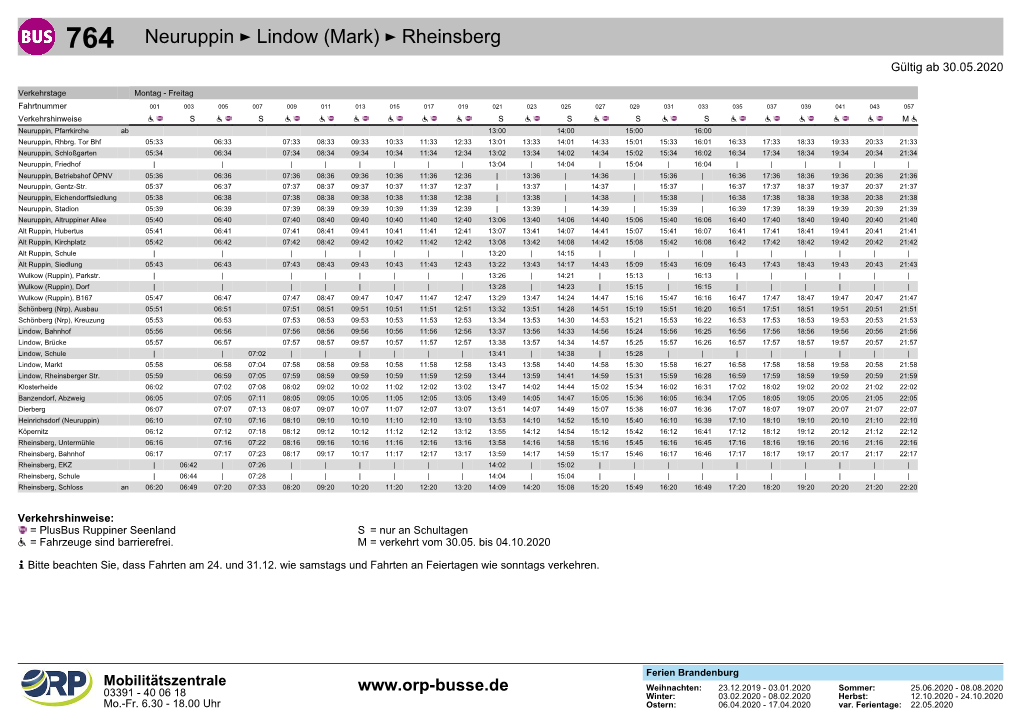 Neuruppin ÷ Lindow (Mark) ÷ Rheinsberg Gültig Ab 30.05.2020