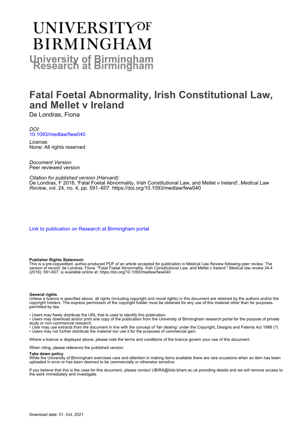 Fatal Foetal Abnormality, Irish Constitutional Law, and Mellet V Ireland De Londras, Fiona