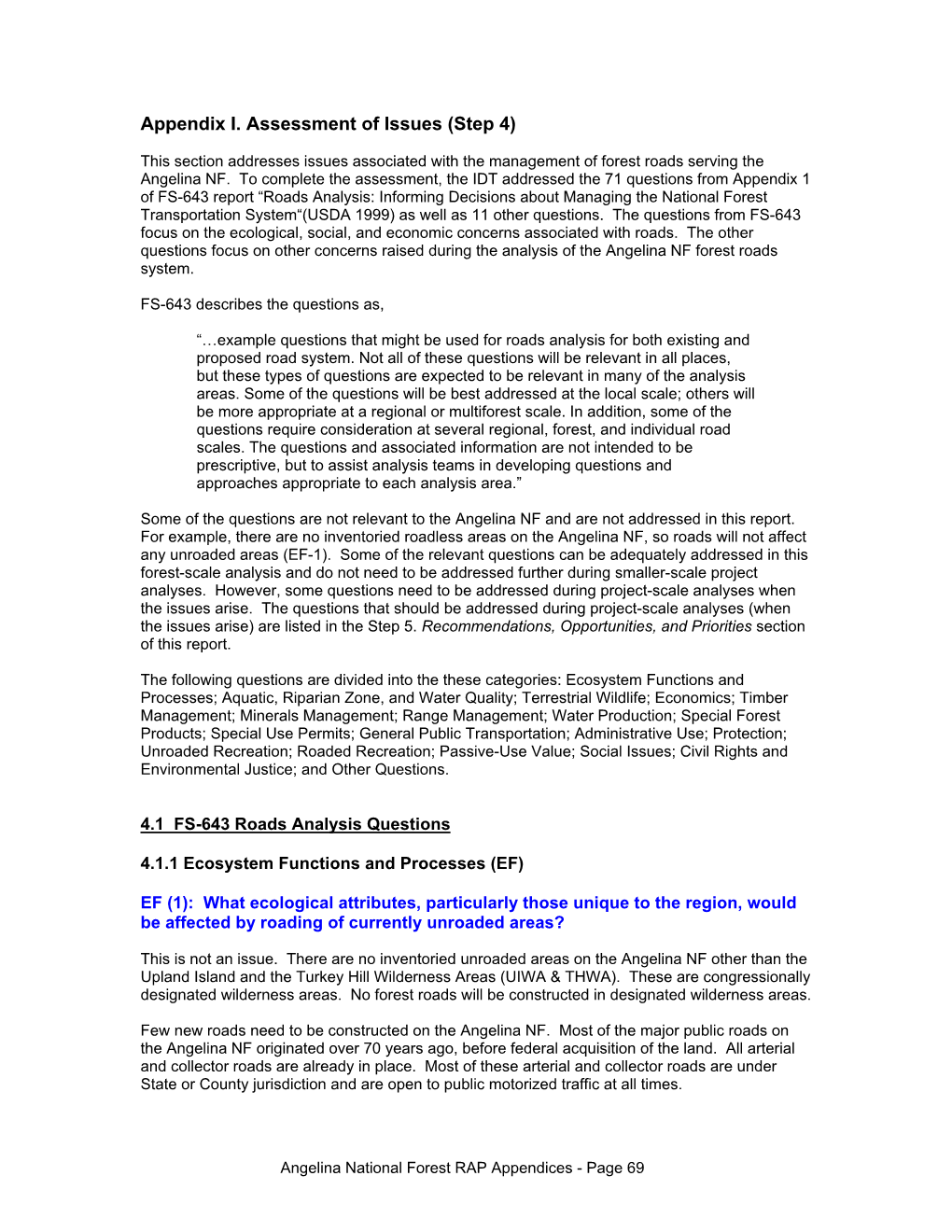 Appendix I. Assessment of Issues (Step 4)