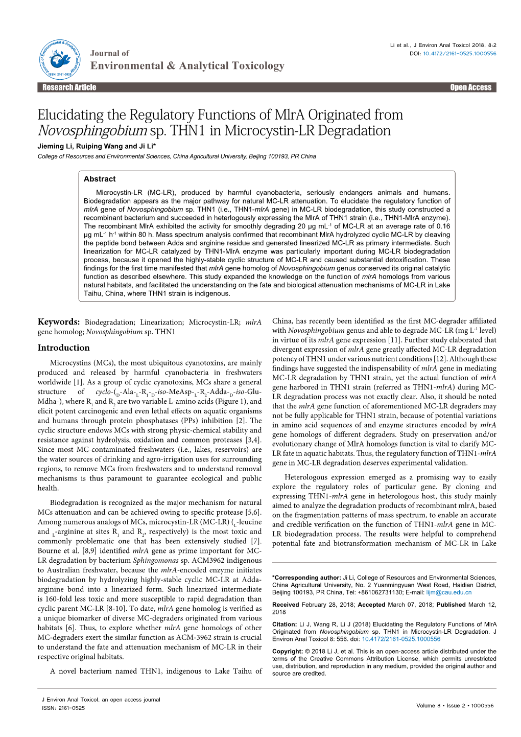 Elucidating the Regulatory Functions of Mlra Originated from Novosphingobium Sp