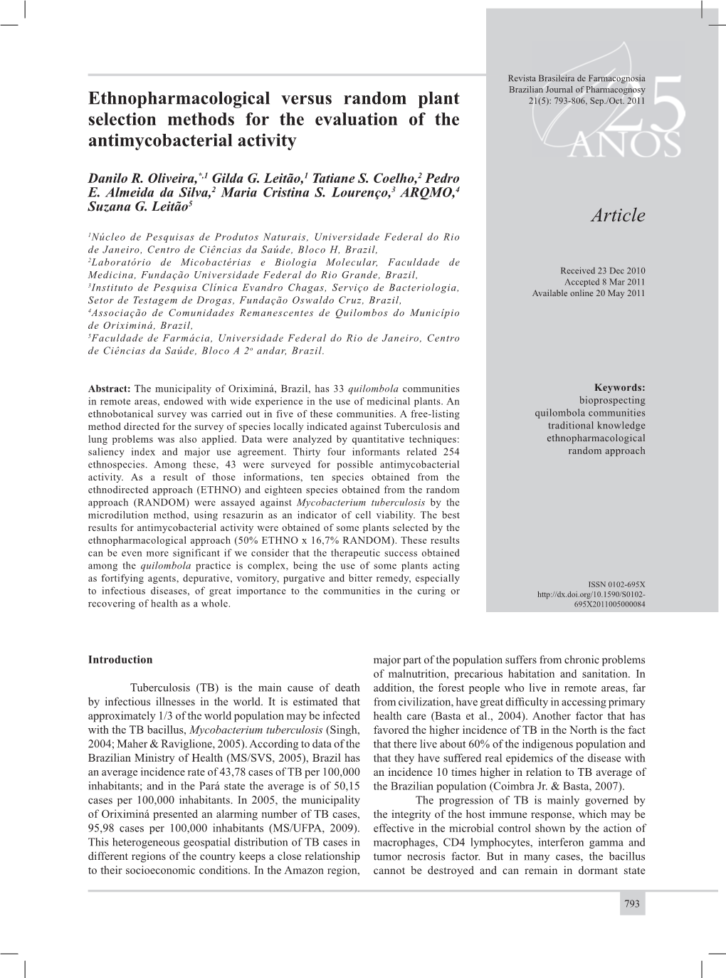 Ethnopharmacological Versus Random Plant Selection Methods for the Evalua- Tion of the Antimycobacterial Activity Danilo R