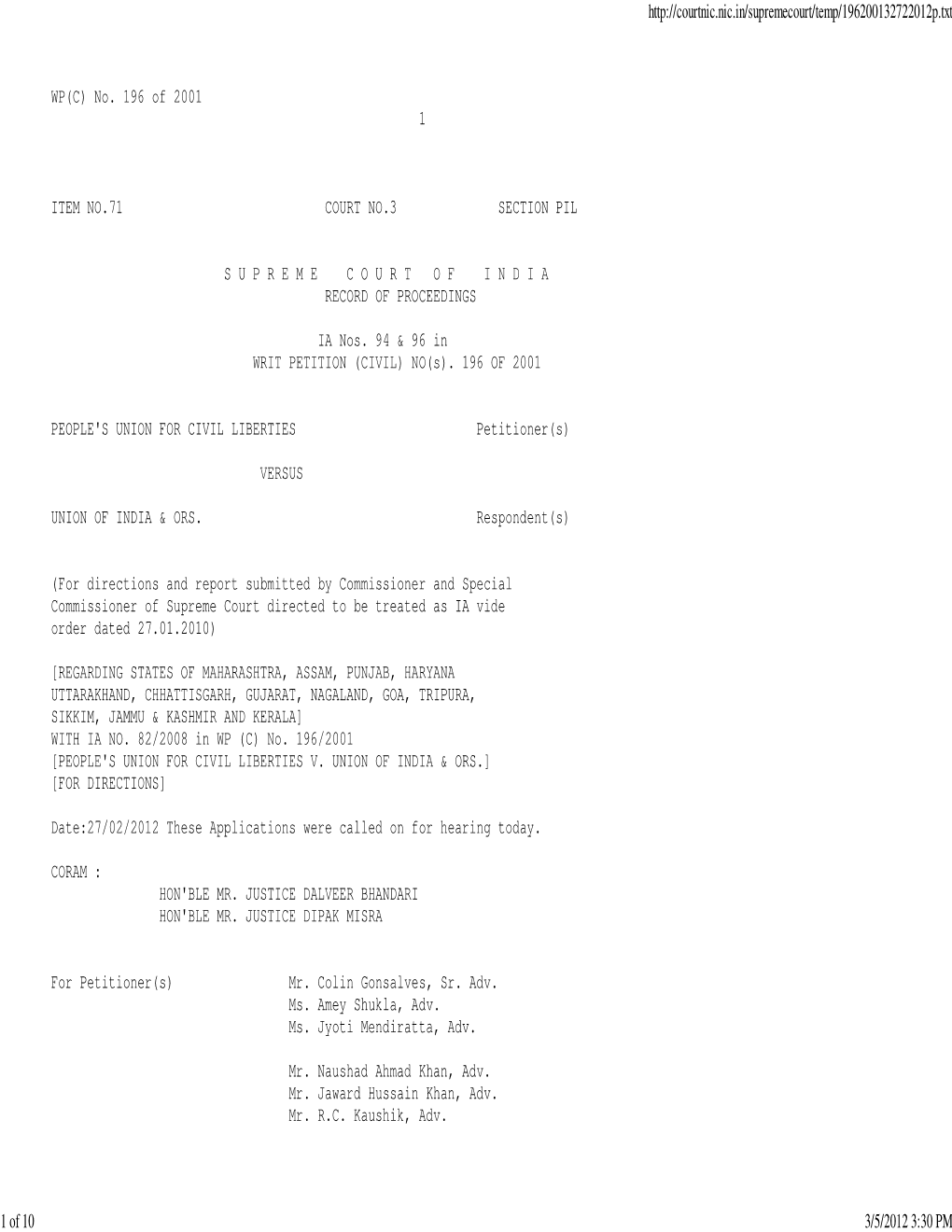 WP(C) No. 196 of 2001 1 ITEM NO.71 COURT NO.3 SECTION PIL