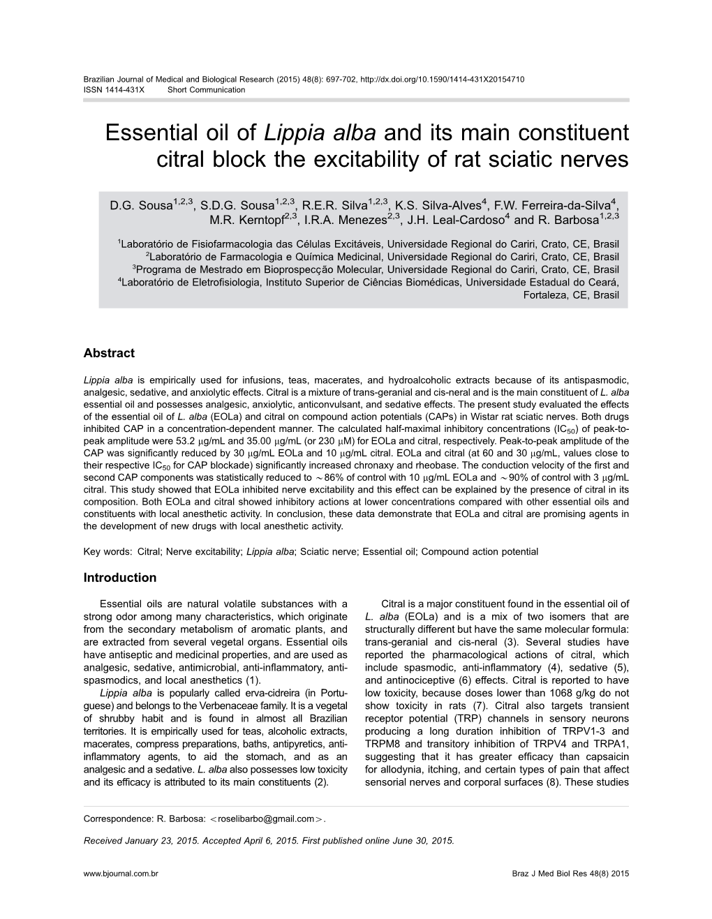 Essential Oil of Lippia Alba and Its Main Constituent Citral Block the Excitability of Rat Sciatic Nerves