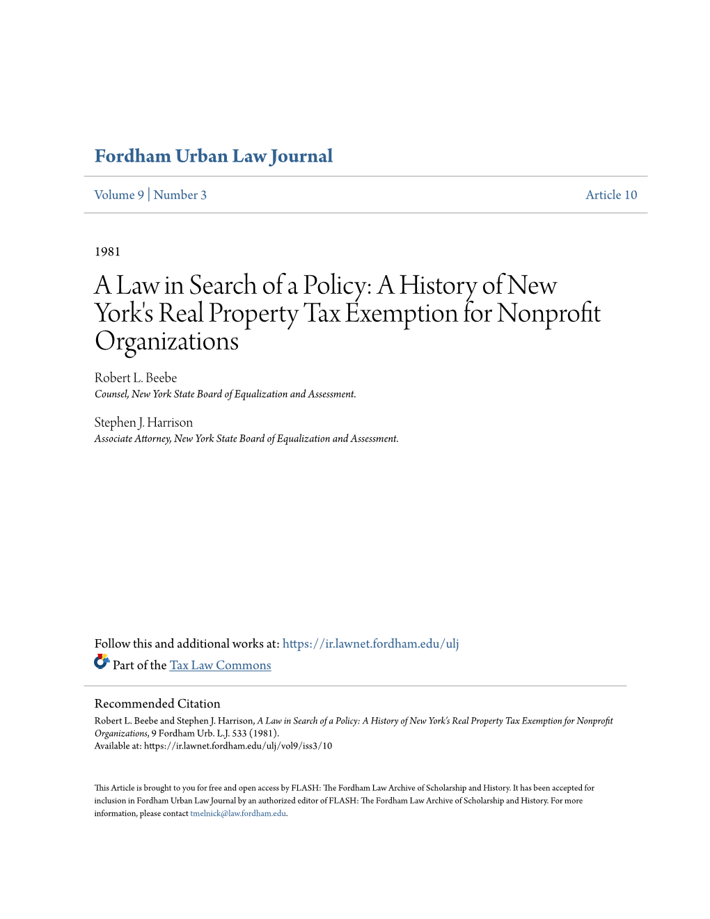 A Law in Search of a Policy: a History of New York's Real Property Tax Exemption for Nonprofit Organizations Robert L