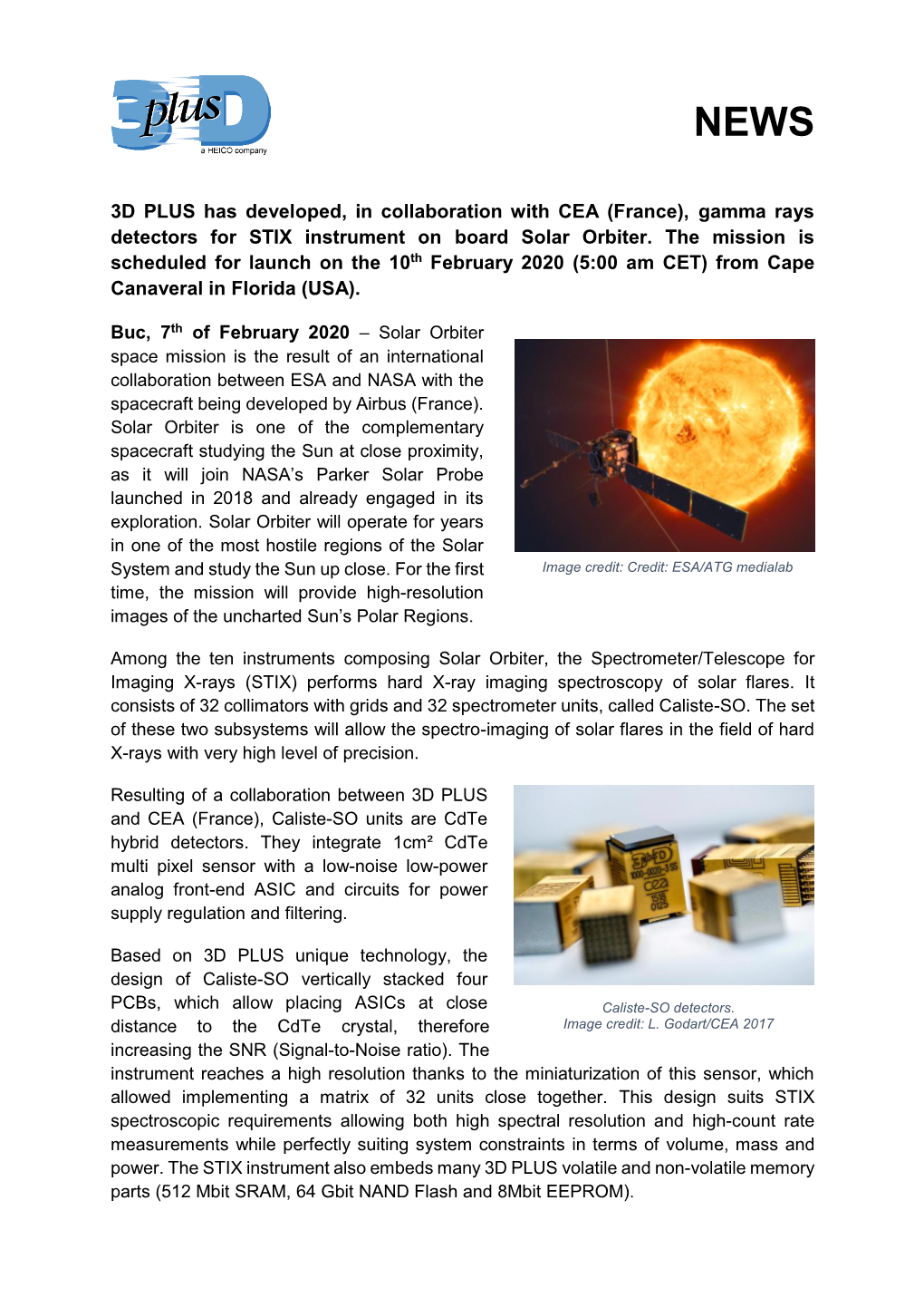 3D PLUS Has Developed, in Collaboration with CEA (France), Gamma Rays Detectors for STIX Instrument on Board Solar Orbiter