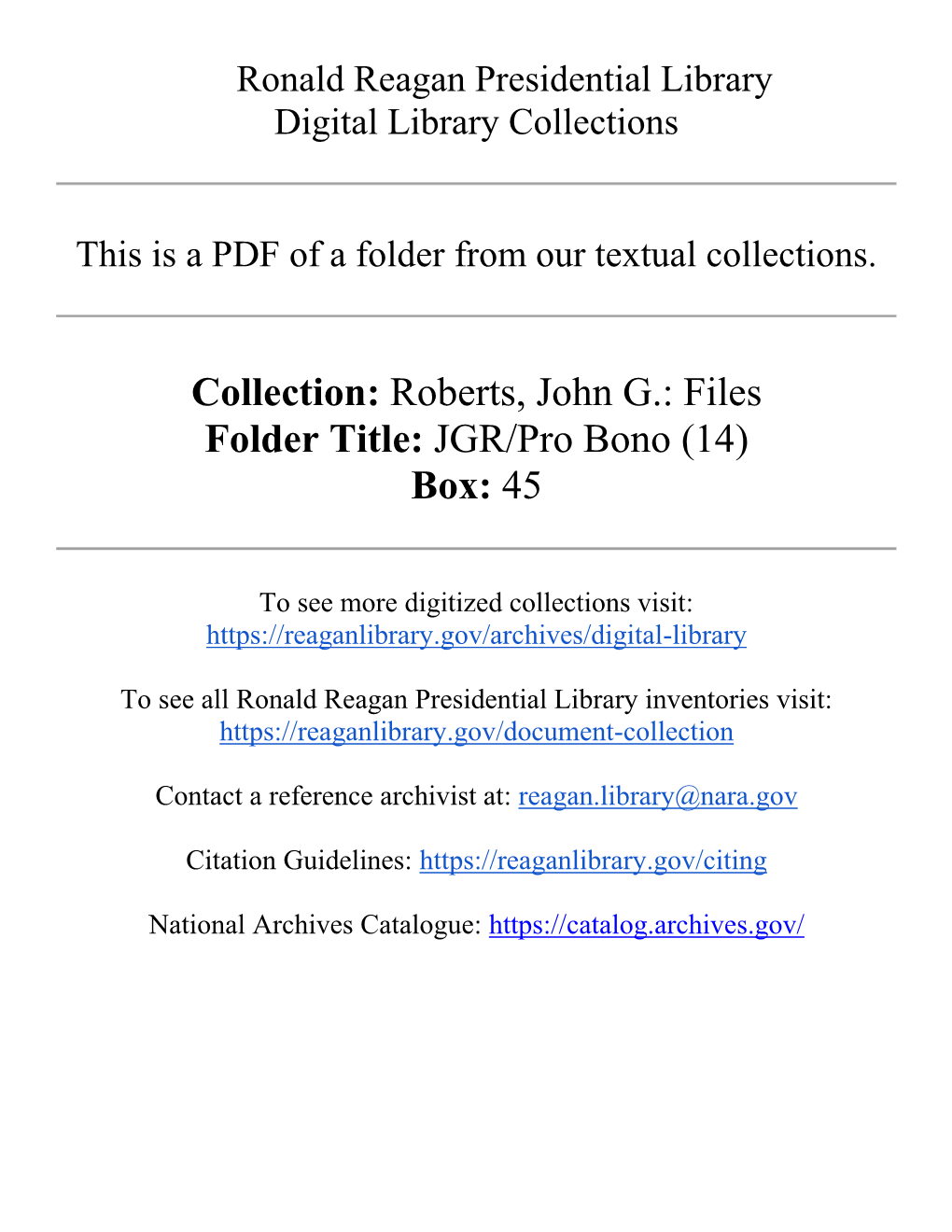 Roberts, John G.: Files Folder Title: JGR/Pro Bono (14) Box: 45