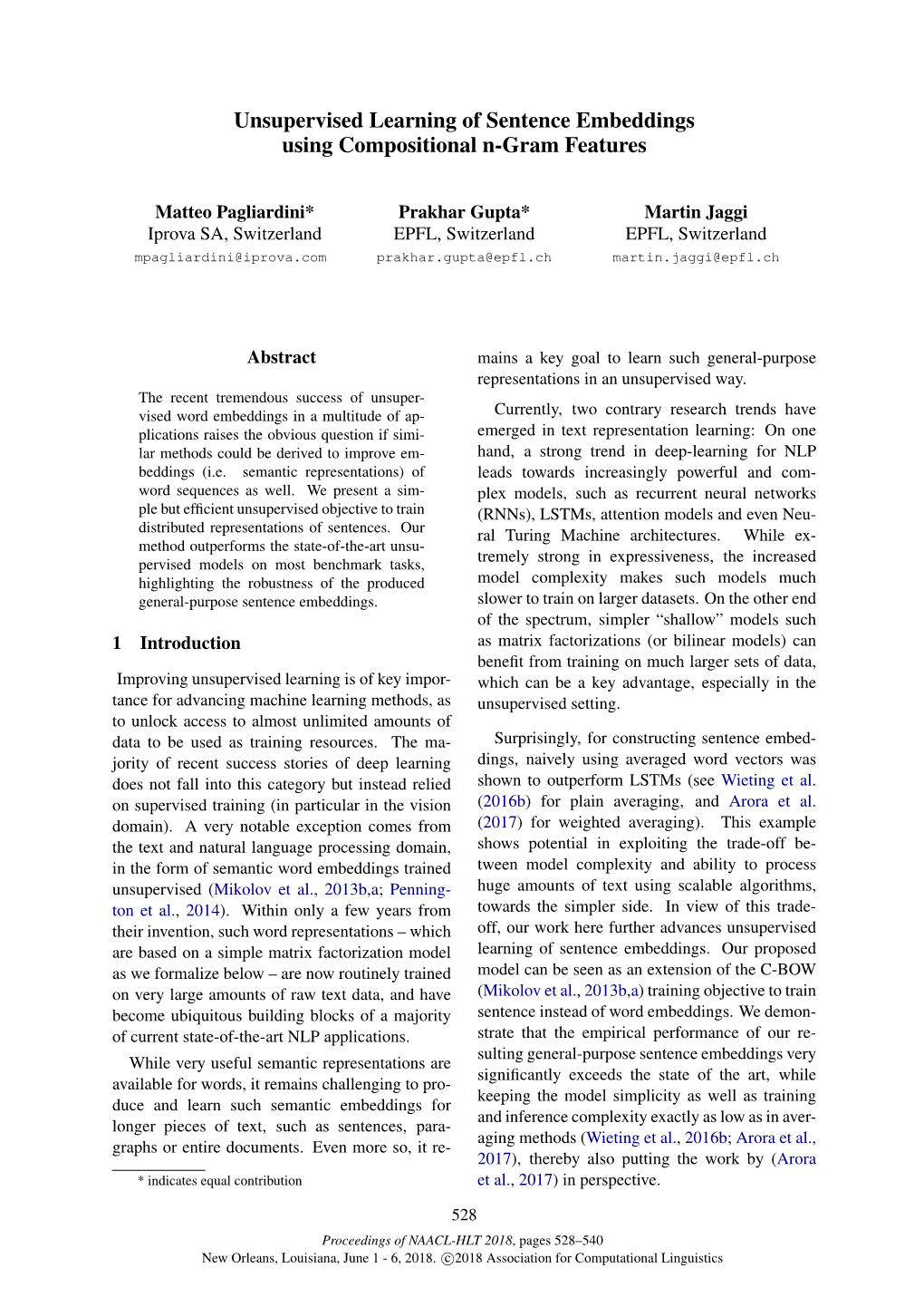 Unsupervised Learning of Sentence Embeddings Using Compositional N-Gram Features