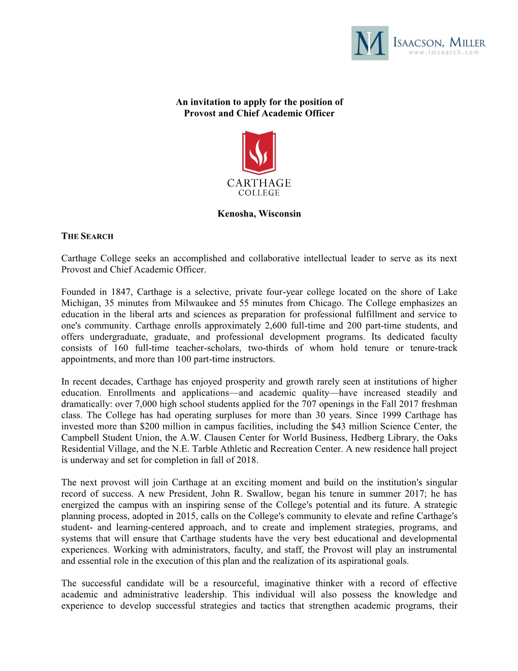 An Invitation to Apply for the Position of Provost and Chief Academic Officer