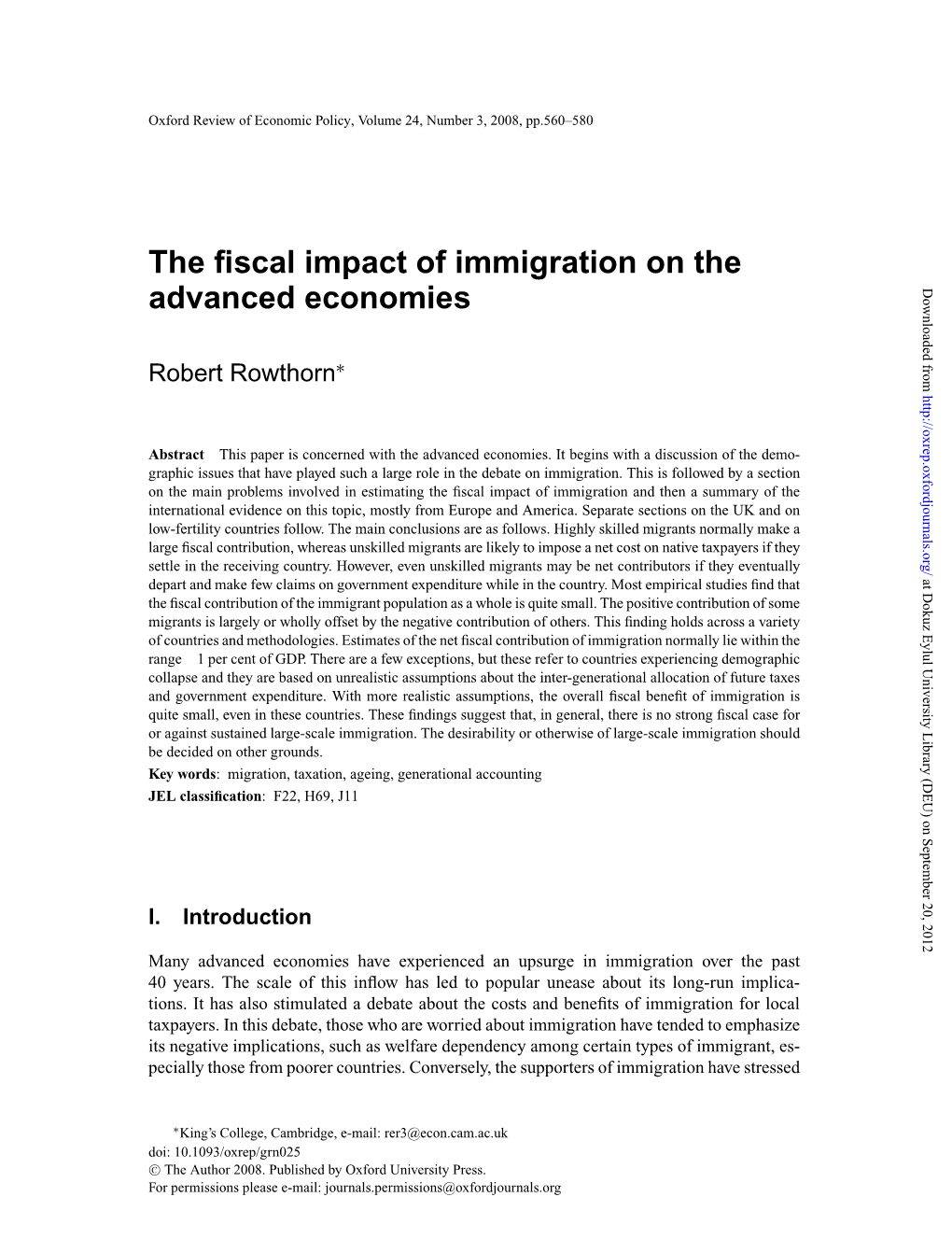 The Fiscal Impact of Immigration on the Advanced Economies