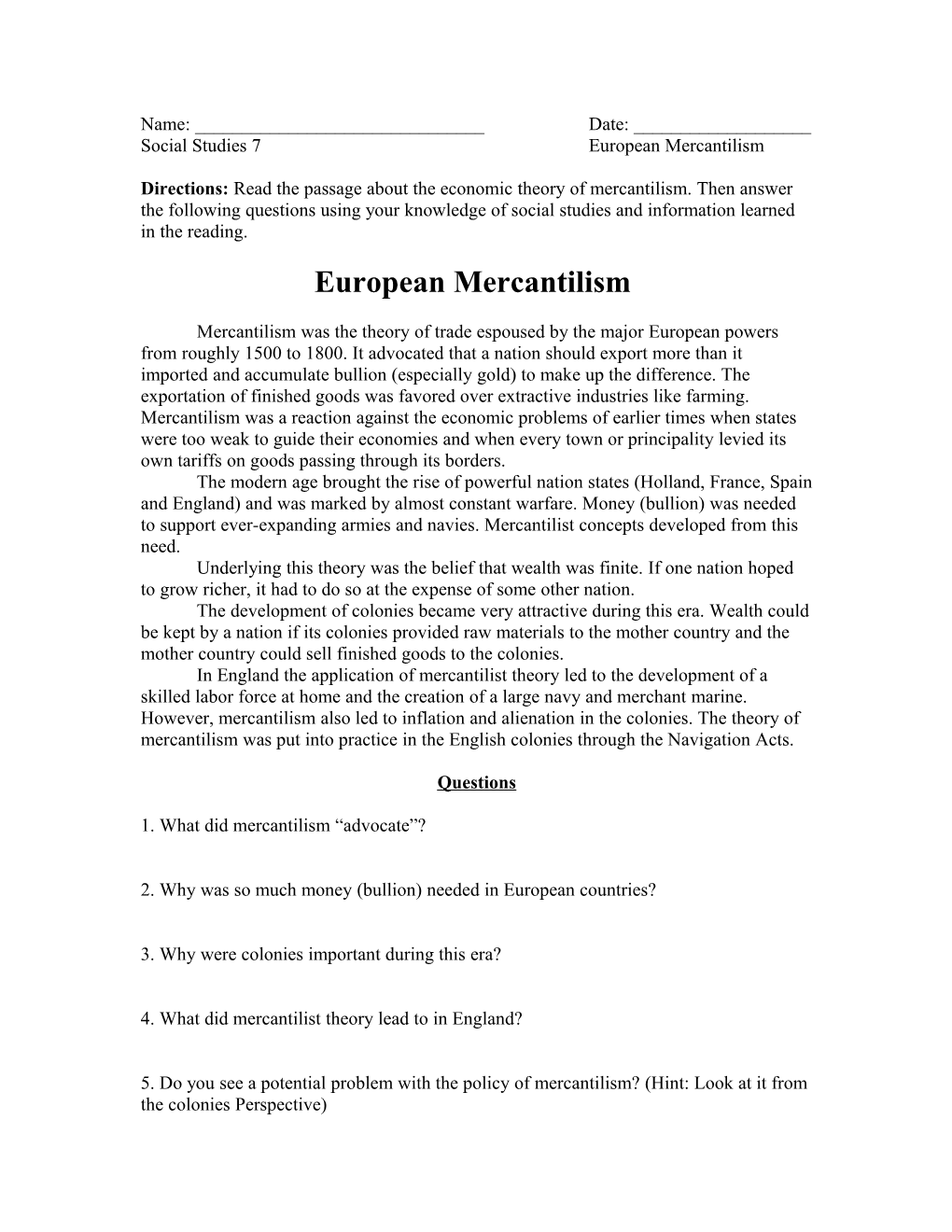 Social Studies 7 European Mercantilism