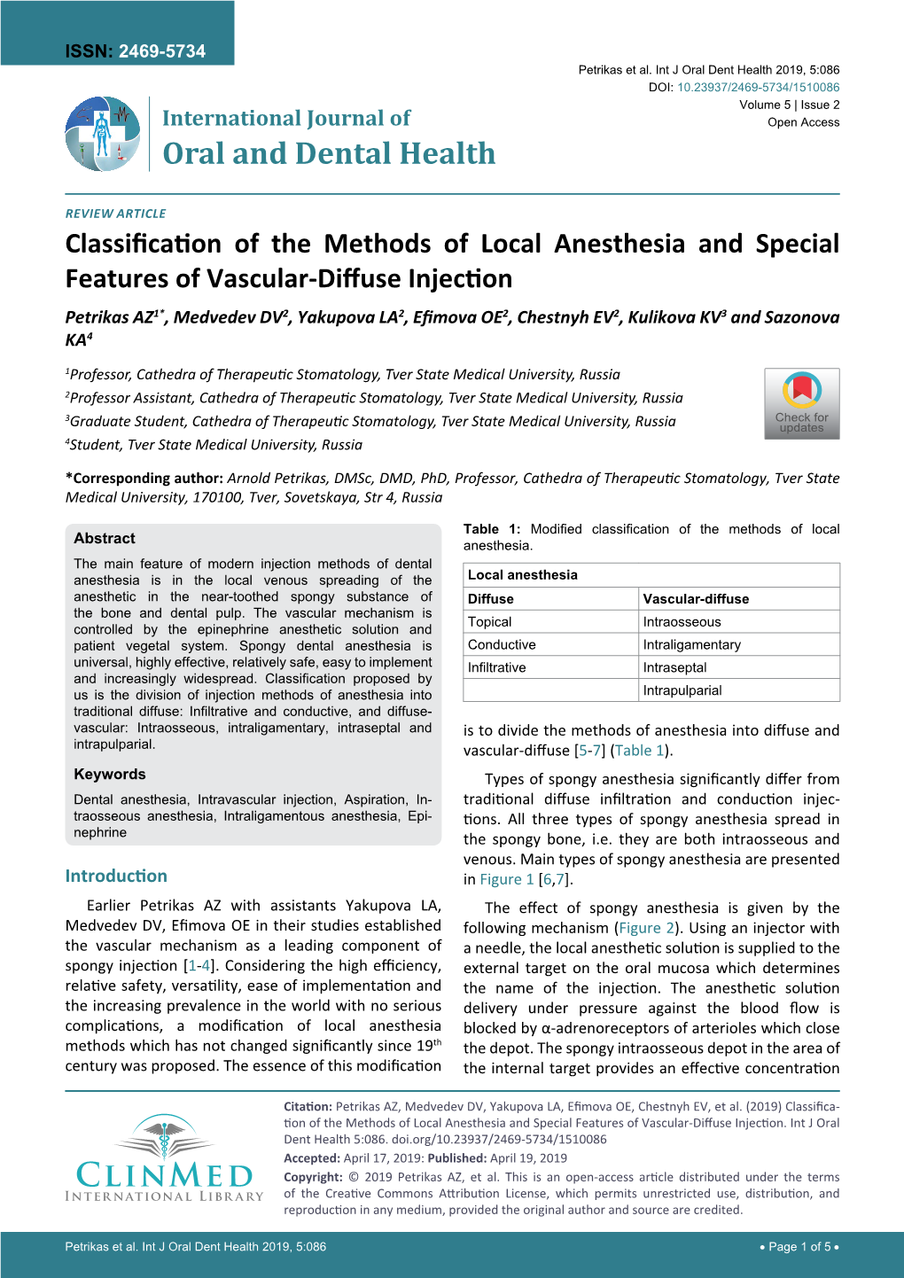 Classifica-Tion of the Methods of Local Anesthesia and Special Features Of