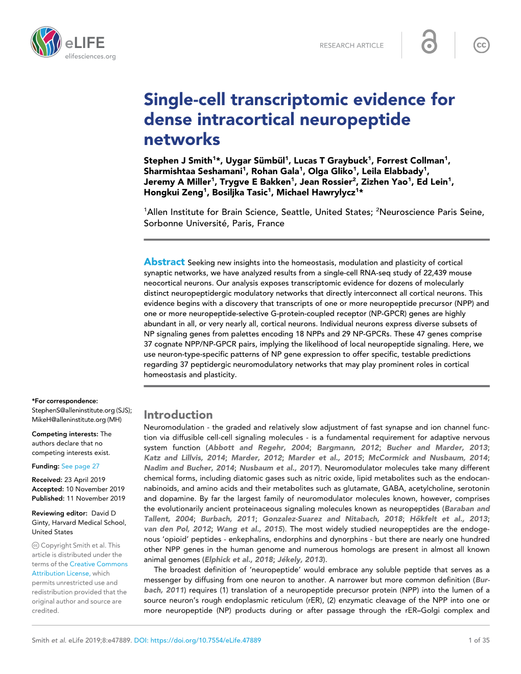 Single-Cell Transcriptomic Evidence for Dense Intracortical Neuropeptide