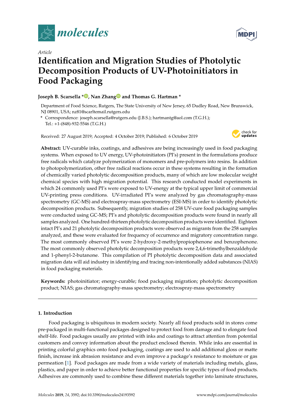 Identification and Migration Studies of Photolytic Decomposition Products