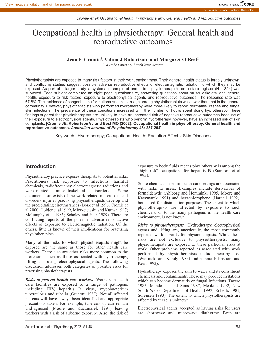 Occupational Health in Physiotherapy: General Health and Reproductive Outcomes Occupational Health in Physiotherapy: General Health and Reproductive Outcomes