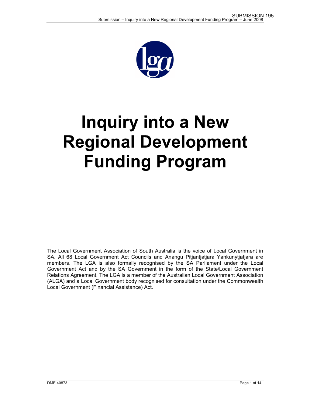 Inquiry Into a New Regional Development Funding Program – June 2008