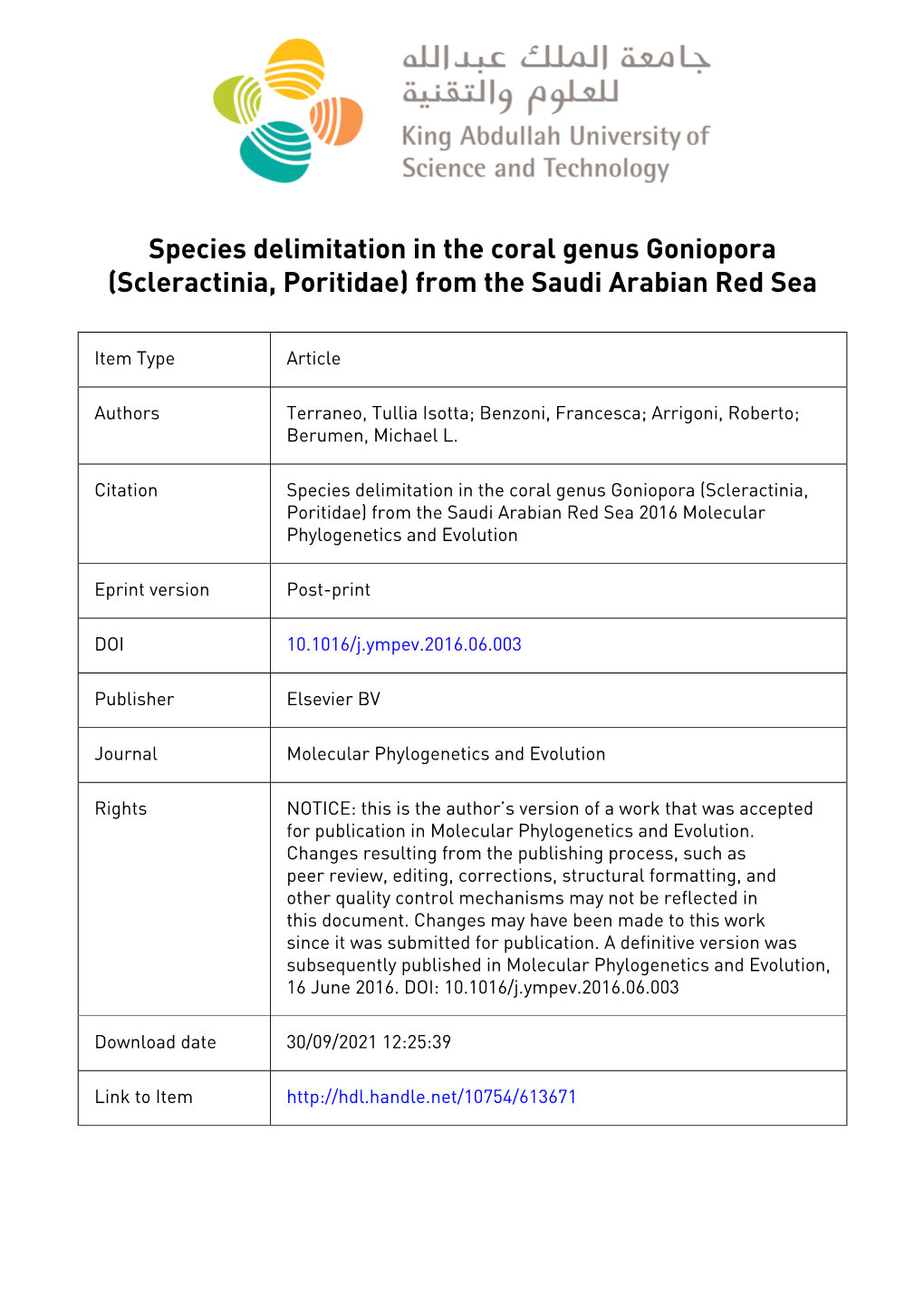 Species Delimitation in the Coral Genus Goniopora (Scleractinia, Poritidae) from the Saudi Arabian Red Sea