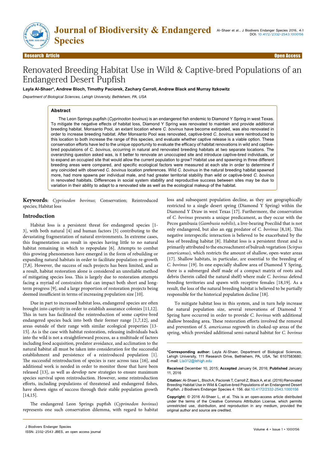 Renovated Breeding Habitat Use in Wild & Captive-Bred Populations of an Endangered Desert Pupfish