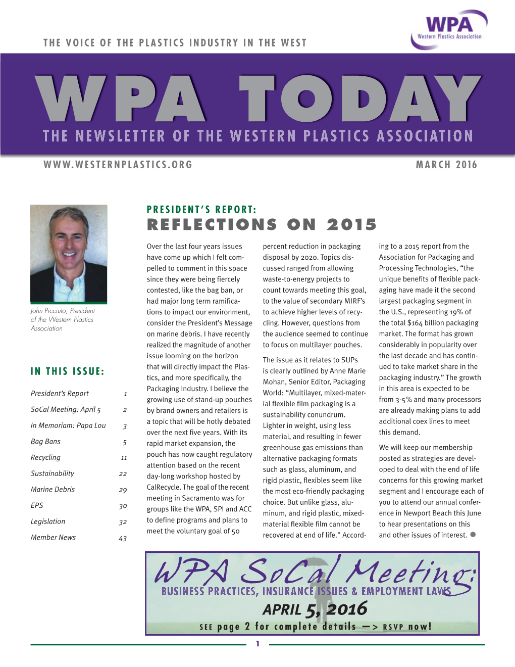 Wpa Today the Newsletter of the Western Plastics Association