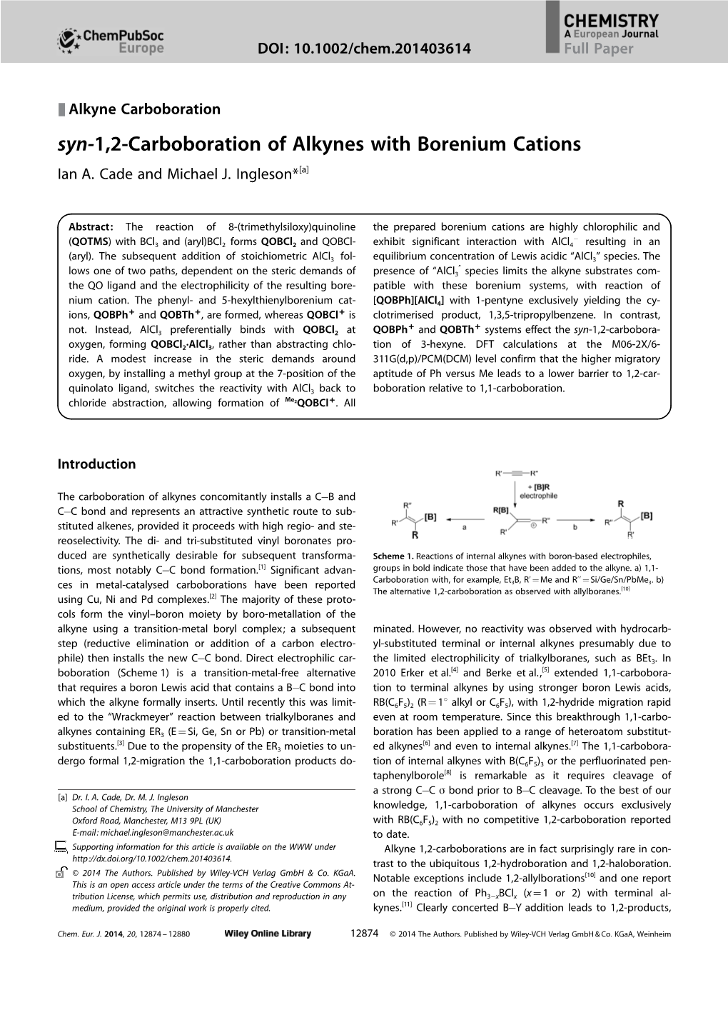 Syn1,2Carboboration of Alkynes with Borenium Cations