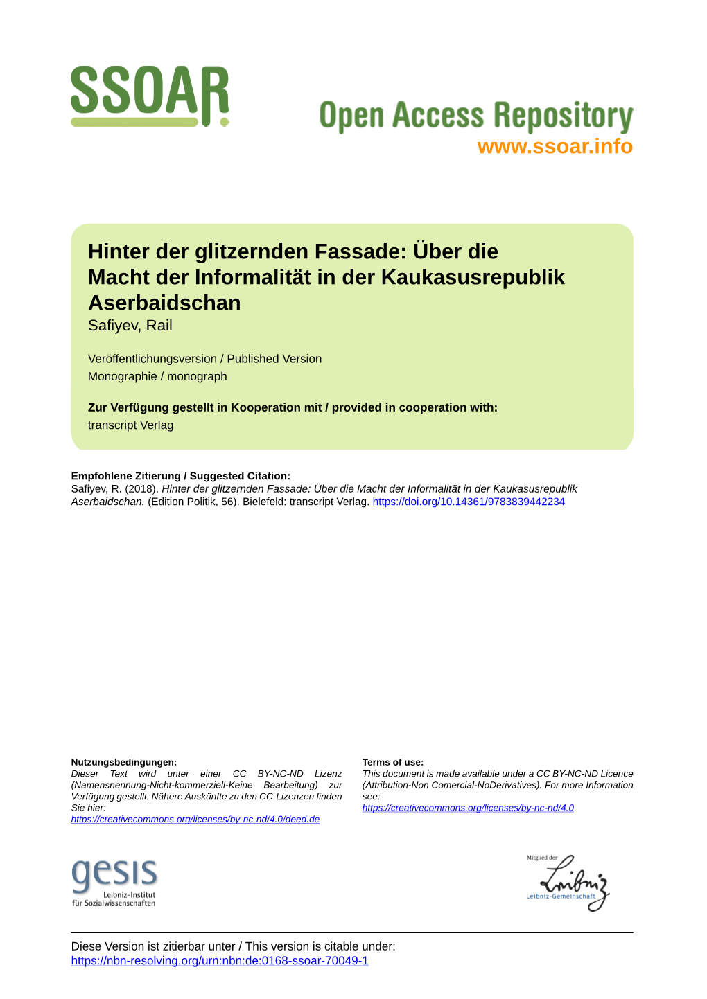 Hinter Der Glitzernden Fassade: Über Die Macht Der Informalität in Der Kaukasusrepublik Aserbaidschan Safiyev, Rail