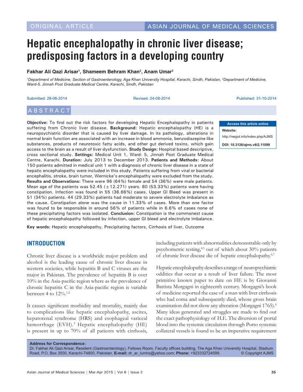 Hepatic Encephalopathy in Chronic Liver Disease; Predisposing Factors in a Developing Country