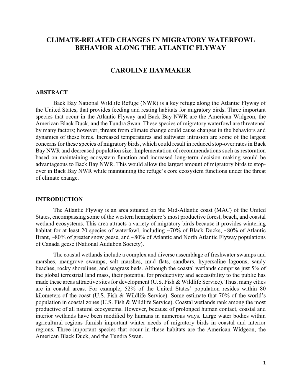 Climate-Related Changes in Migratory Waterfowl Behavior Along the Atlantic Flyway