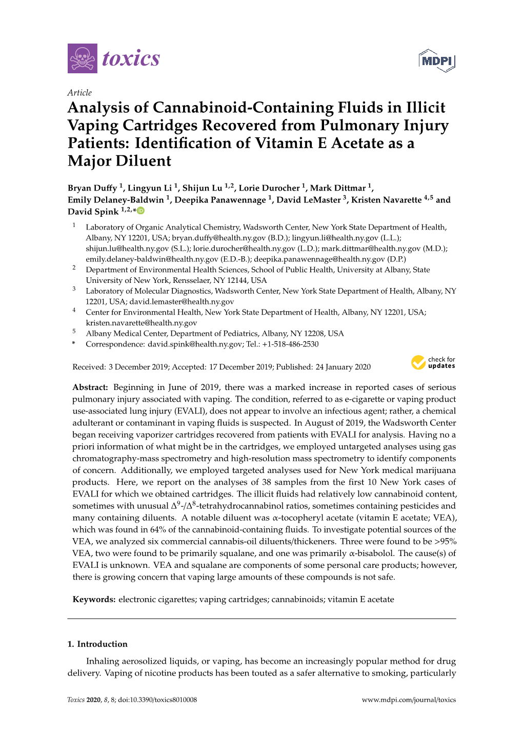 Analysis of Cannabinoid-Containing Fluids in Illicit Vaping Cartridges Recovered from Pulmonary Injury Patients: Identiﬁcation of Vitamin E Acetate As a Major Diluent