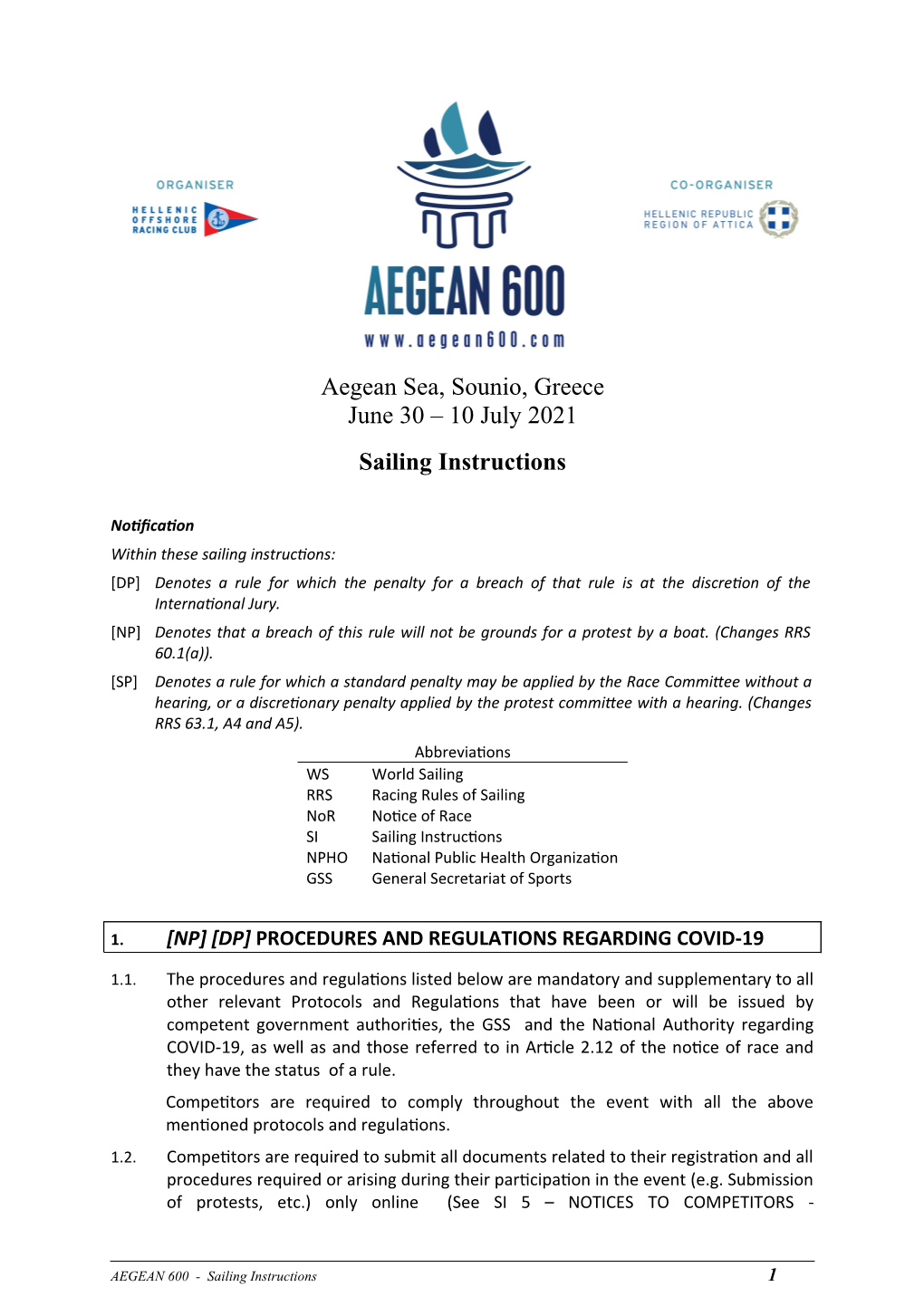 Aegean 600 Sailing Instructions 2021
