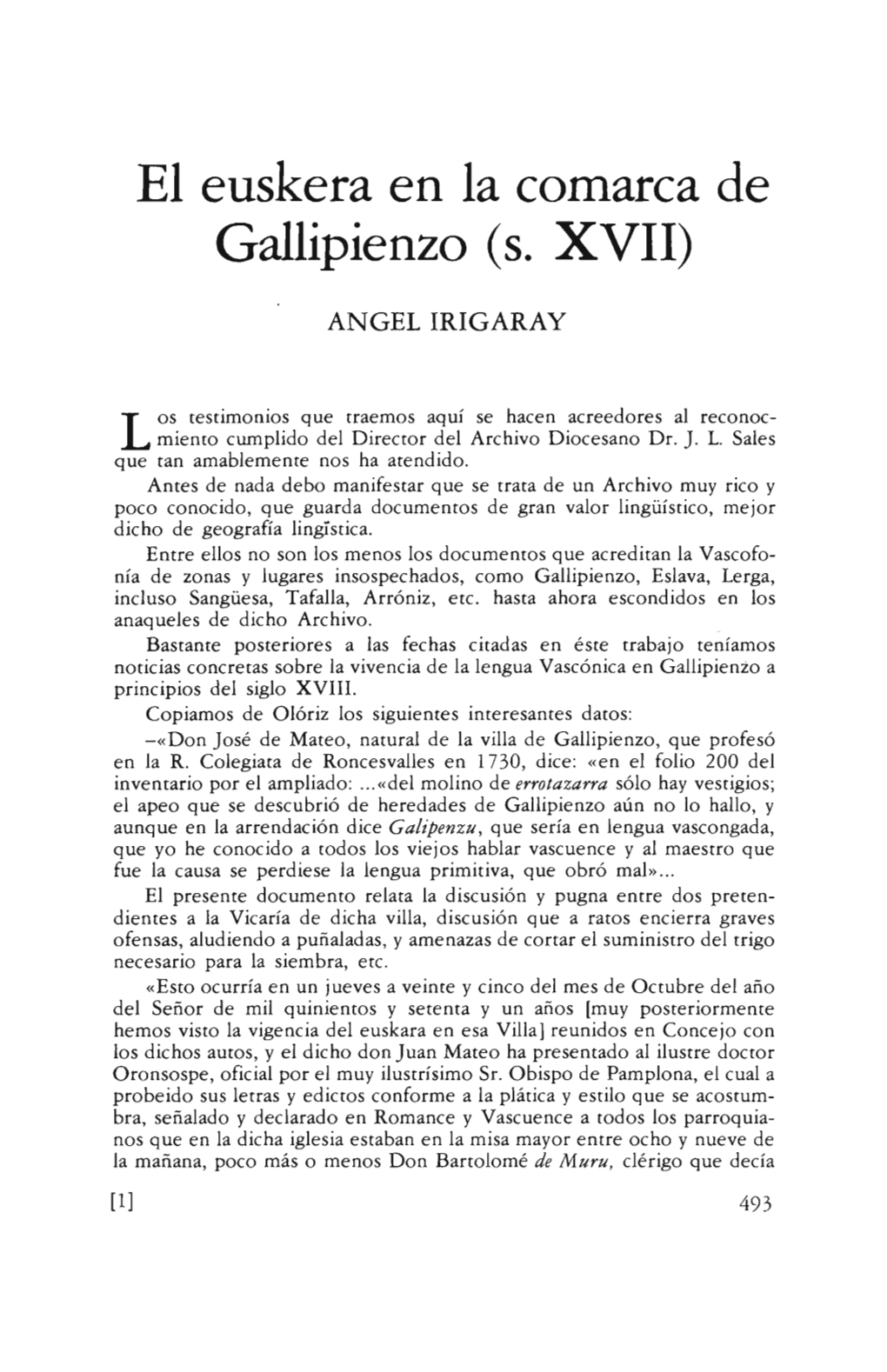 El Euskera En La Comarca De Gallipienzo (S. XVII)