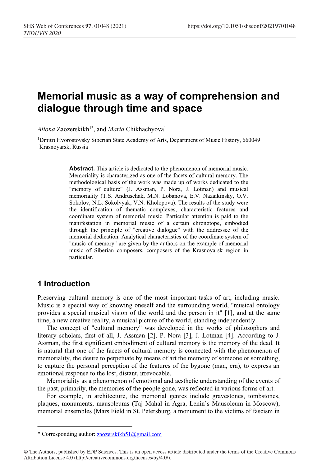 Memorial Music As a Way of Comprehension and Dialogue Through Time and Space
